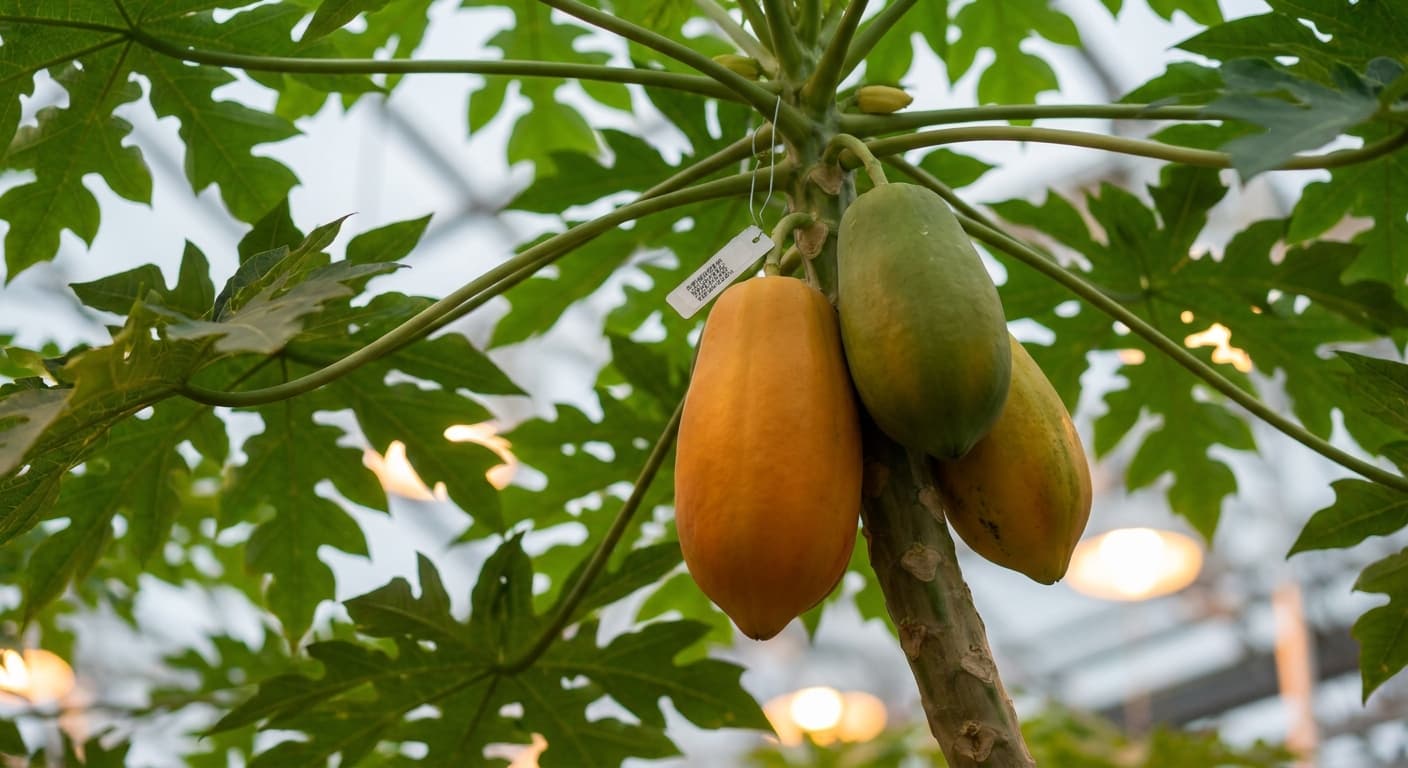 Scoville Splice Solo Warm (SS-0806) — engineered Papaya specimen on-plant with laboratory specimen tag