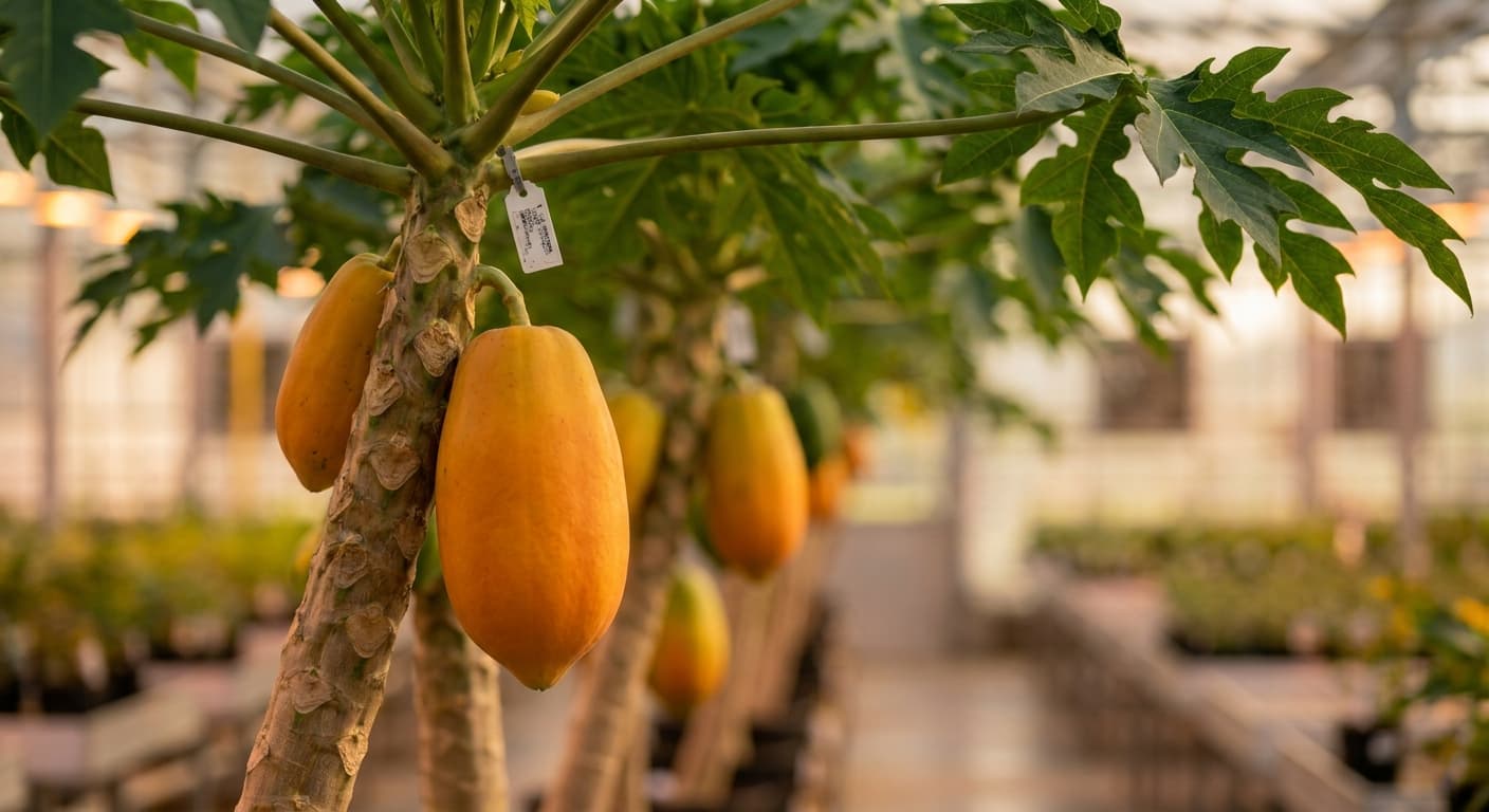 Scoville Splice Maradol Burn (SS-0807) — engineered Papaya specimen on-plant with laboratory specimen tag