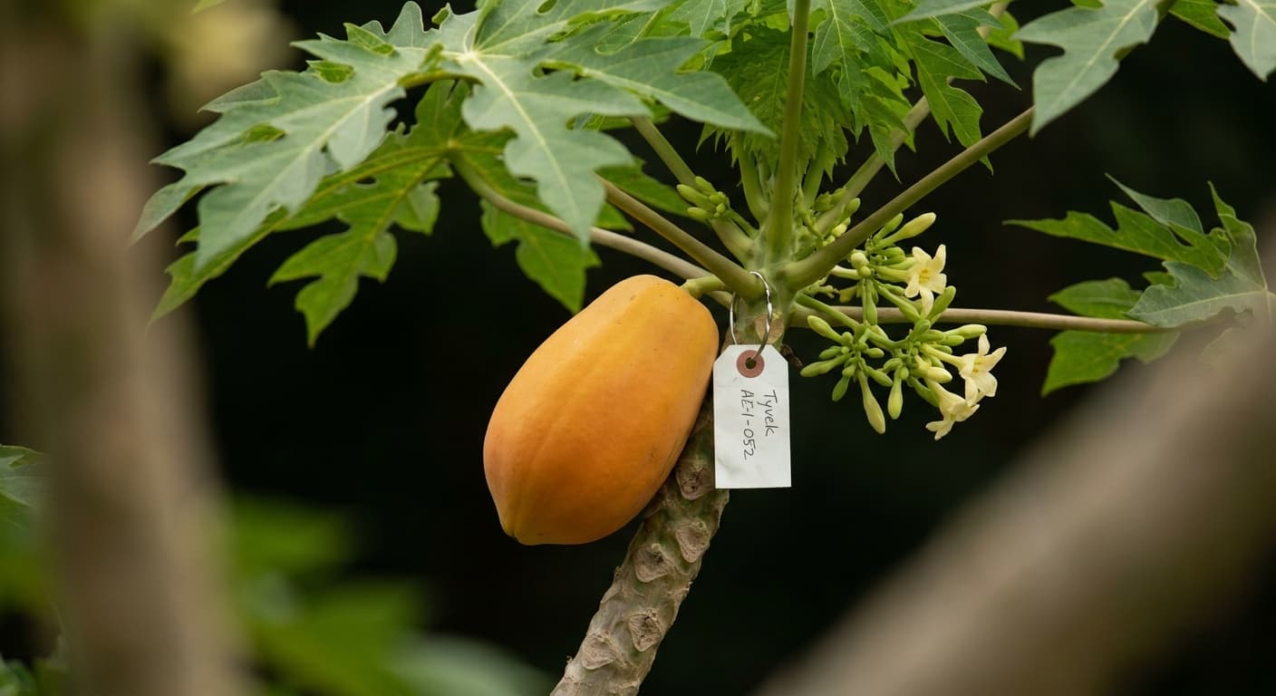 Scoville Splice Papaya Enzyme (SS-0808) — engineered Papaya specimen on-plant with laboratory specimen tag
