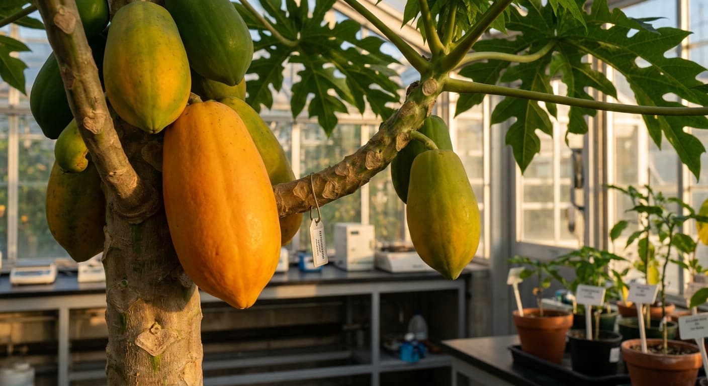 Scoville Splice Tropical Blaze (SS-0809) — engineered Papaya specimen on-plant with laboratory specimen tag