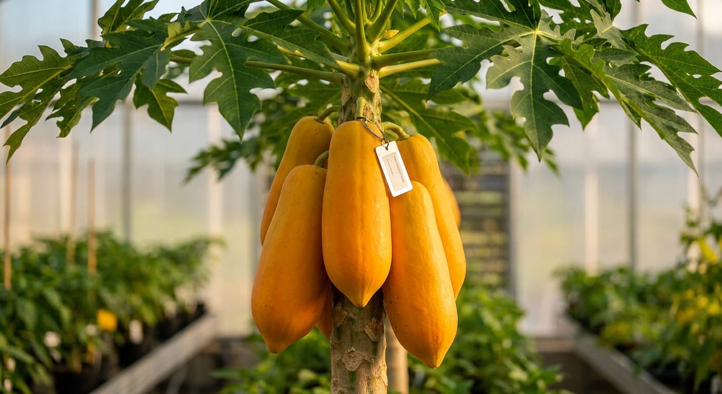 Scoville Splice Latex Fire (SS-0810) — engineered Papaya specimen on-plant with laboratory specimen tag