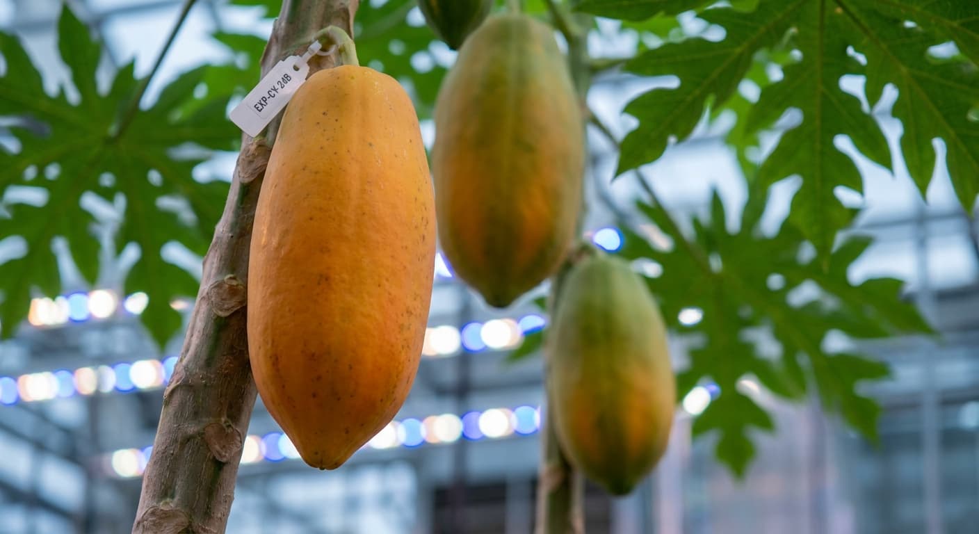 Scoville Splice Papaya Inferno (SS-0811) — engineered Papaya specimen on-plant with laboratory specimen tag