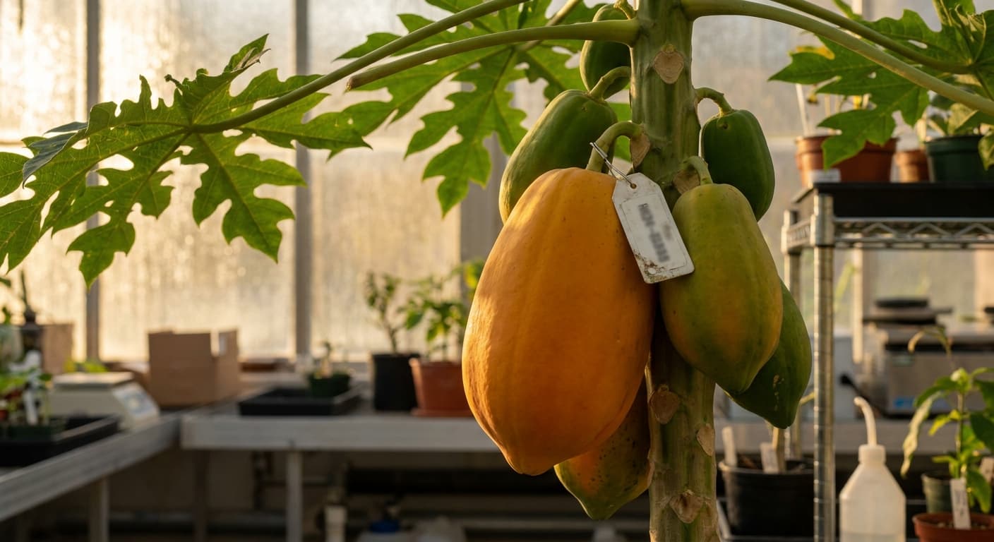 Scoville Splice Carica Bomb (SS-0812) — engineered Papaya specimen on-plant with laboratory specimen tag