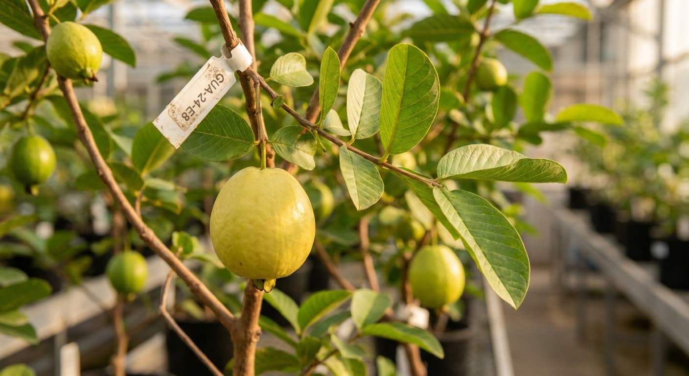 Scoville Splice Guava Nectar (SS-0816) — engineered Guava specimen on-plant with laboratory specimen tag
