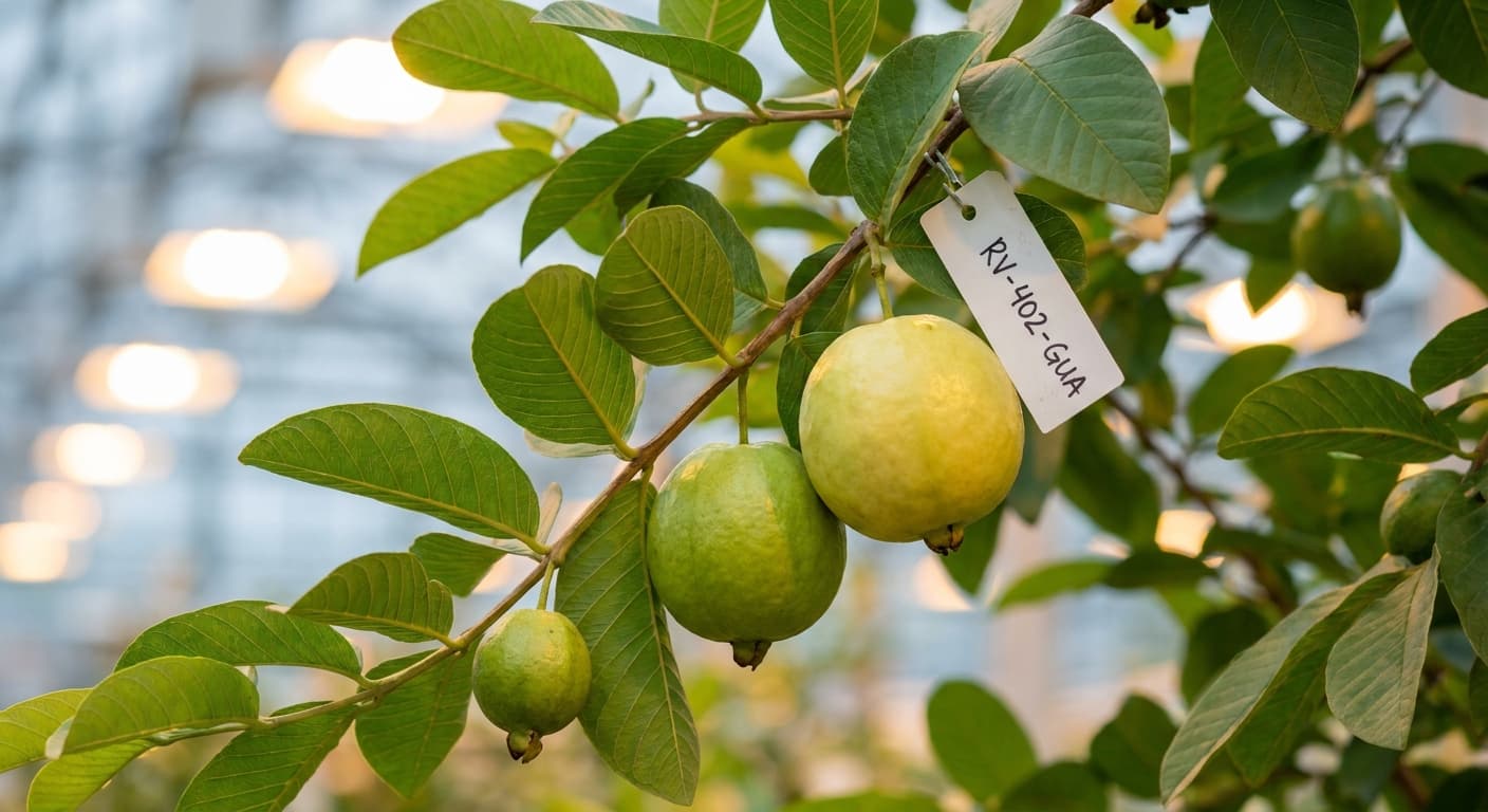 Scoville Splice Pink Burn (SS-0817) — engineered Guava specimen on-plant with laboratory specimen tag