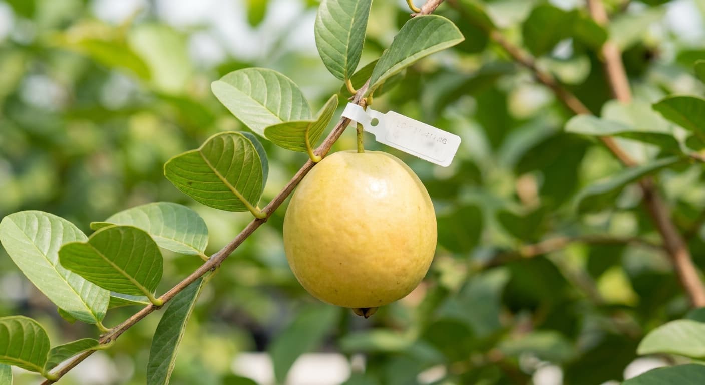 Scoville Splice Guava Blaze (SS-0818) — engineered Guava specimen on-plant with laboratory specimen tag