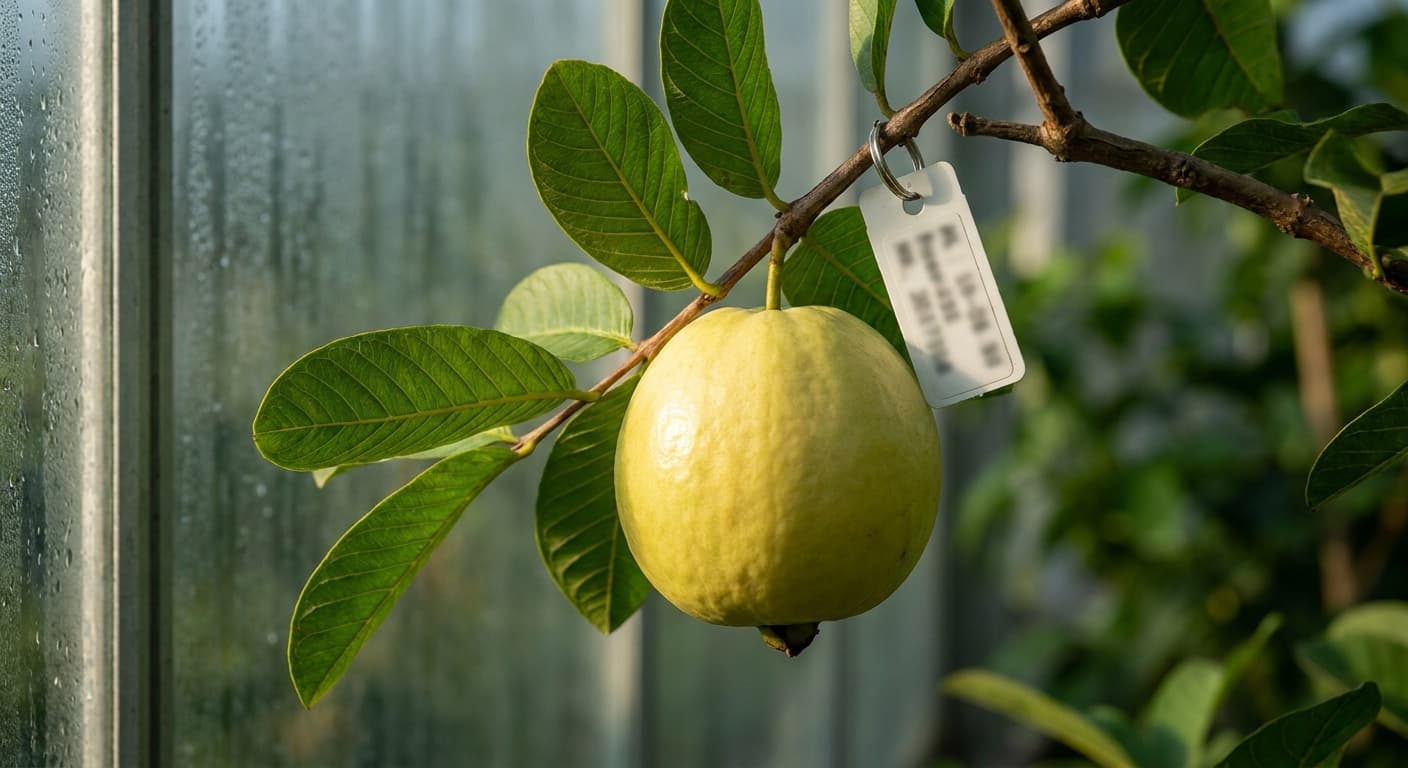 Scoville Splice Goiabada (SS-0819) — engineered Guava specimen on-plant with laboratory specimen tag