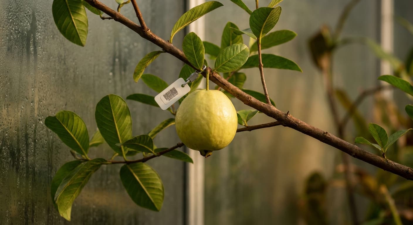 Scoville Splice Guava Fury (SS-0820) — engineered Guava specimen on-plant with laboratory specimen tag