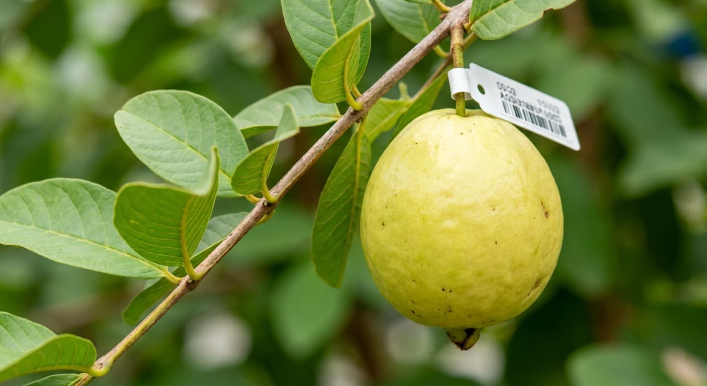 Scoville Splice Psidium Fire (SS-0821) — engineered Guava specimen on-plant with laboratory specimen tag