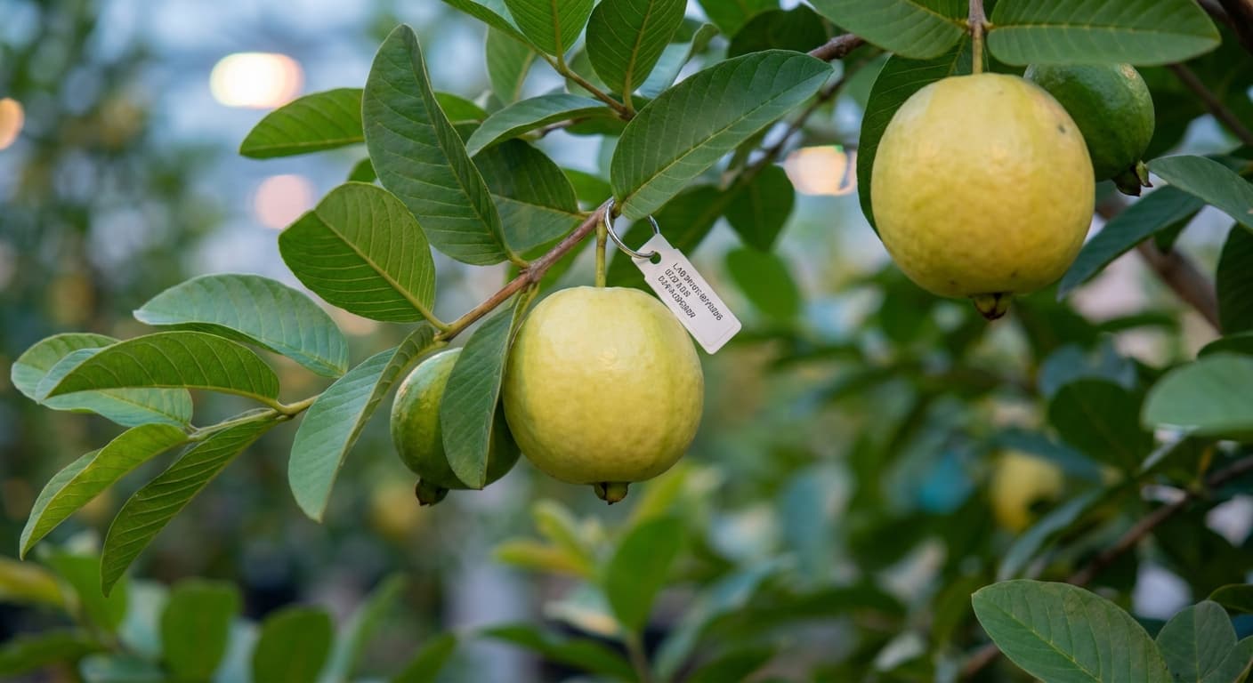 Scoville Splice Guava Inferno (SS-0822) — engineered Guava specimen on-plant with laboratory specimen tag