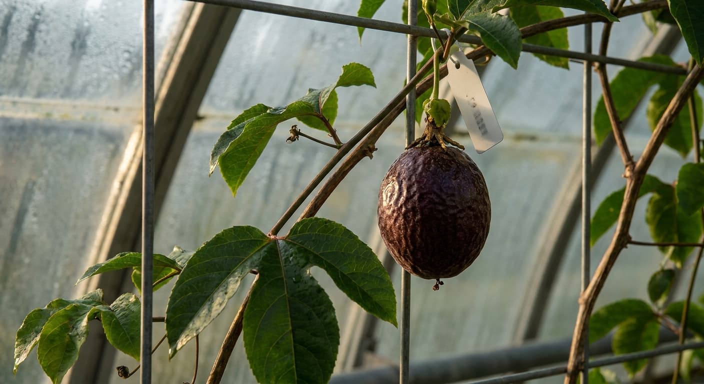 Scoville Splice Maracuja Warm (SS-0826) — engineered Passion Fruit specimen on-plant with laboratory specimen tag