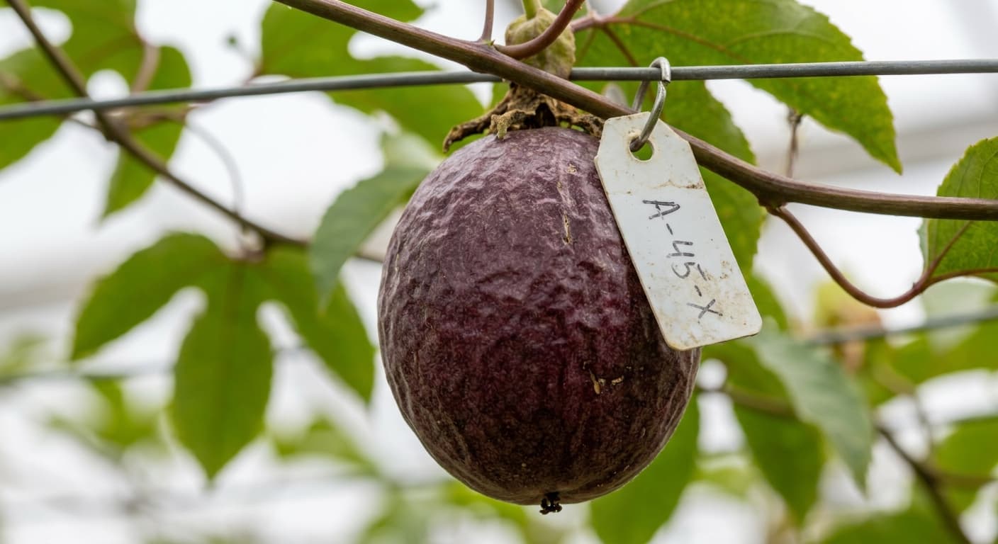 Scoville Splice Passion Burn (SS-0827) — engineered Passion Fruit specimen on-plant with laboratory specimen tag