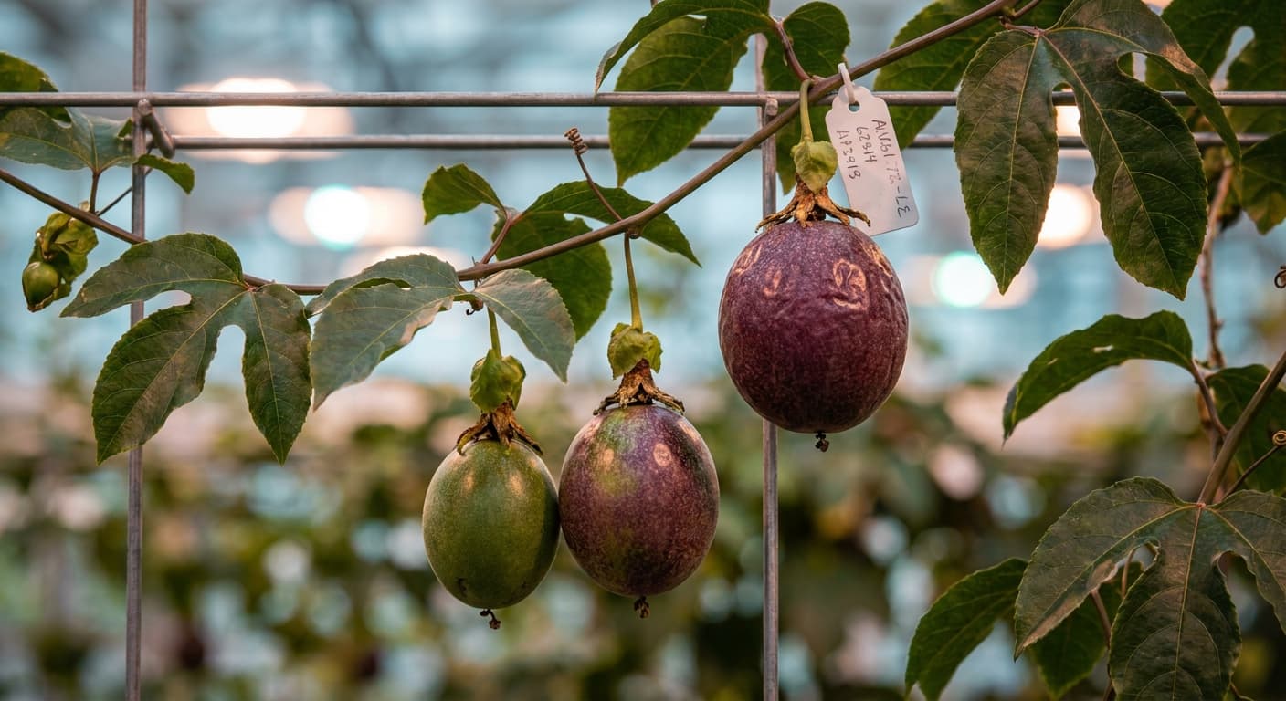 Scoville Splice Vine Blaze (SS-0828) — engineered Passion Fruit specimen on-plant with laboratory specimen tag