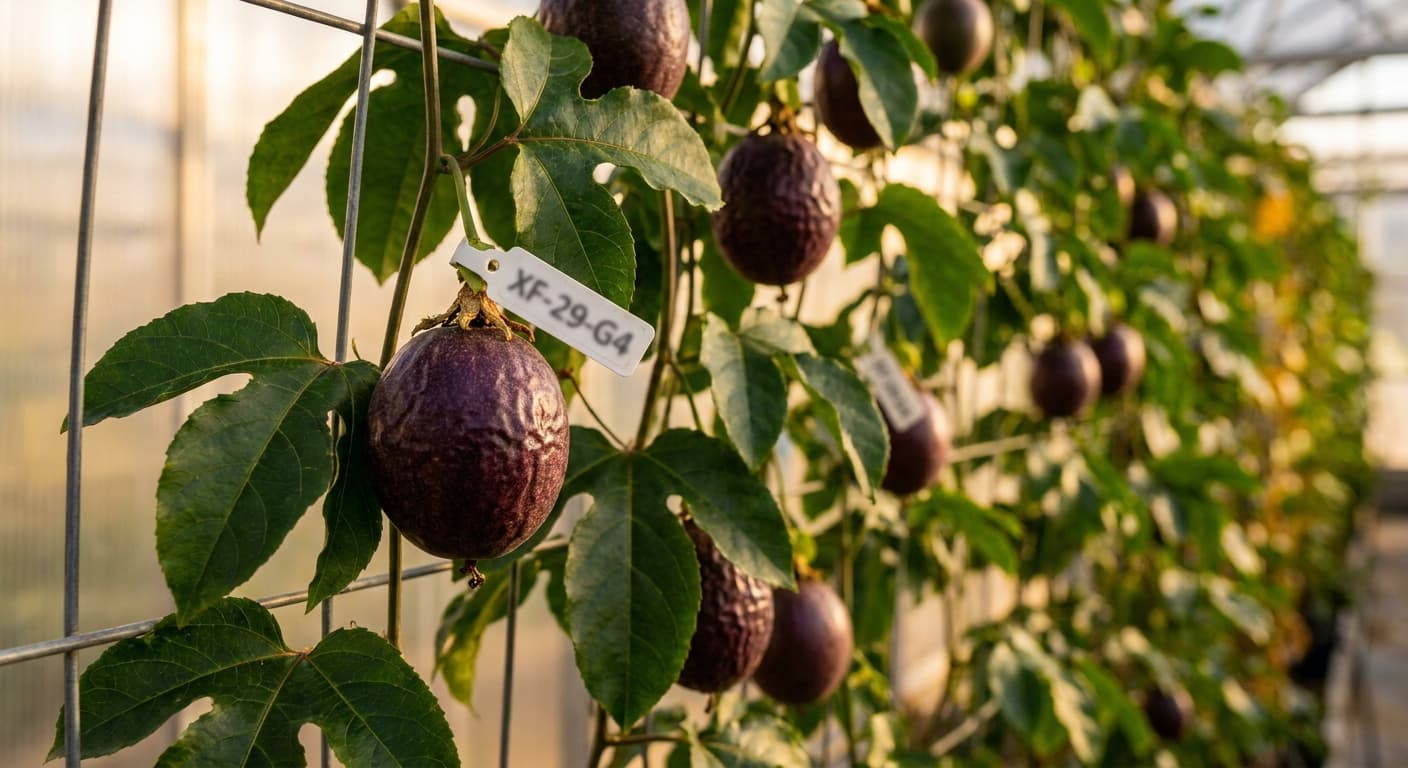 Scoville Splice Passion Fire (SS-0829) — engineered Passion Fruit specimen on-plant with laboratory specimen tag