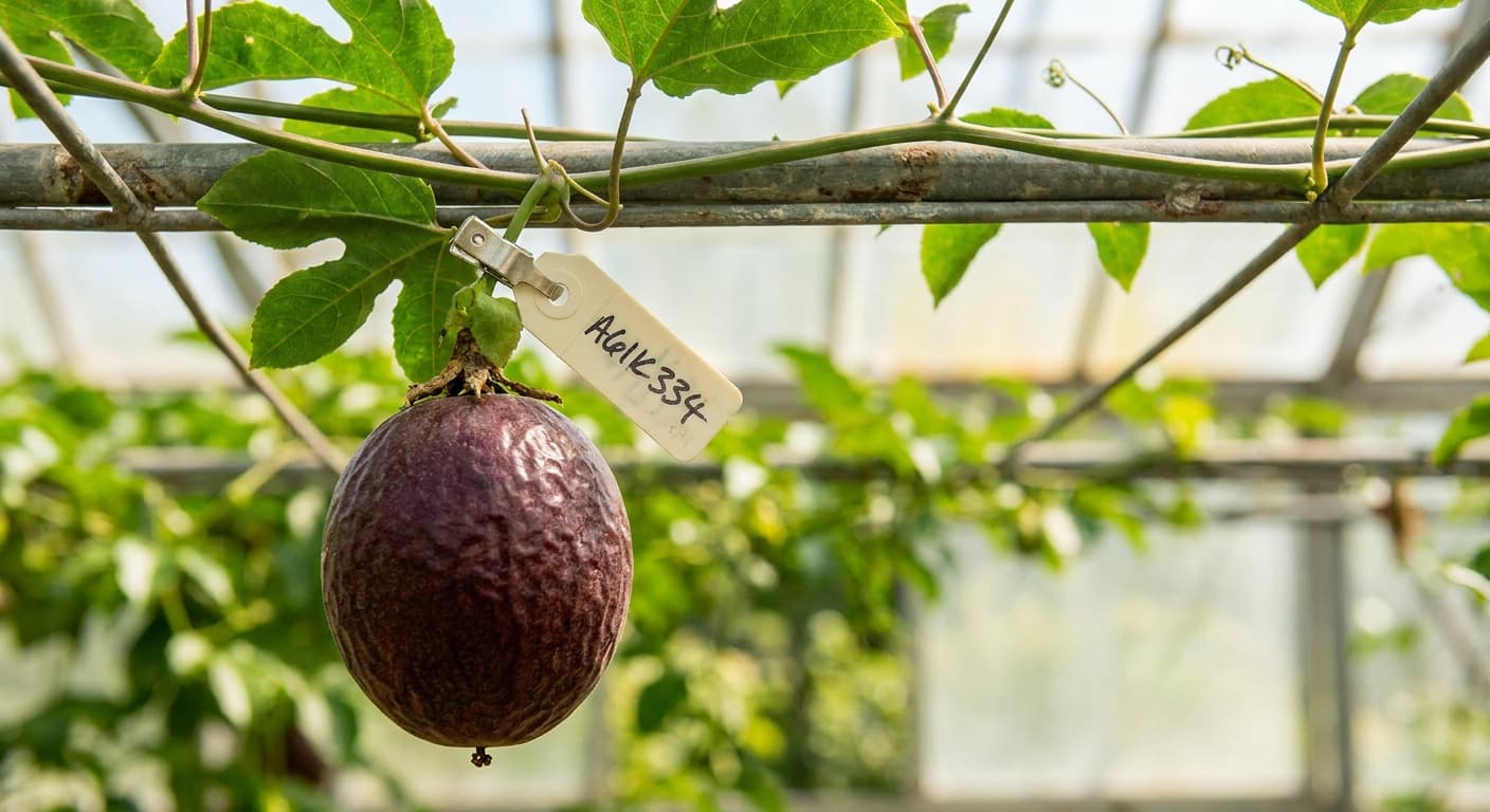 Scoville Splice Granadilla (SS-0830) — engineered Passion Fruit specimen on-plant with laboratory specimen tag