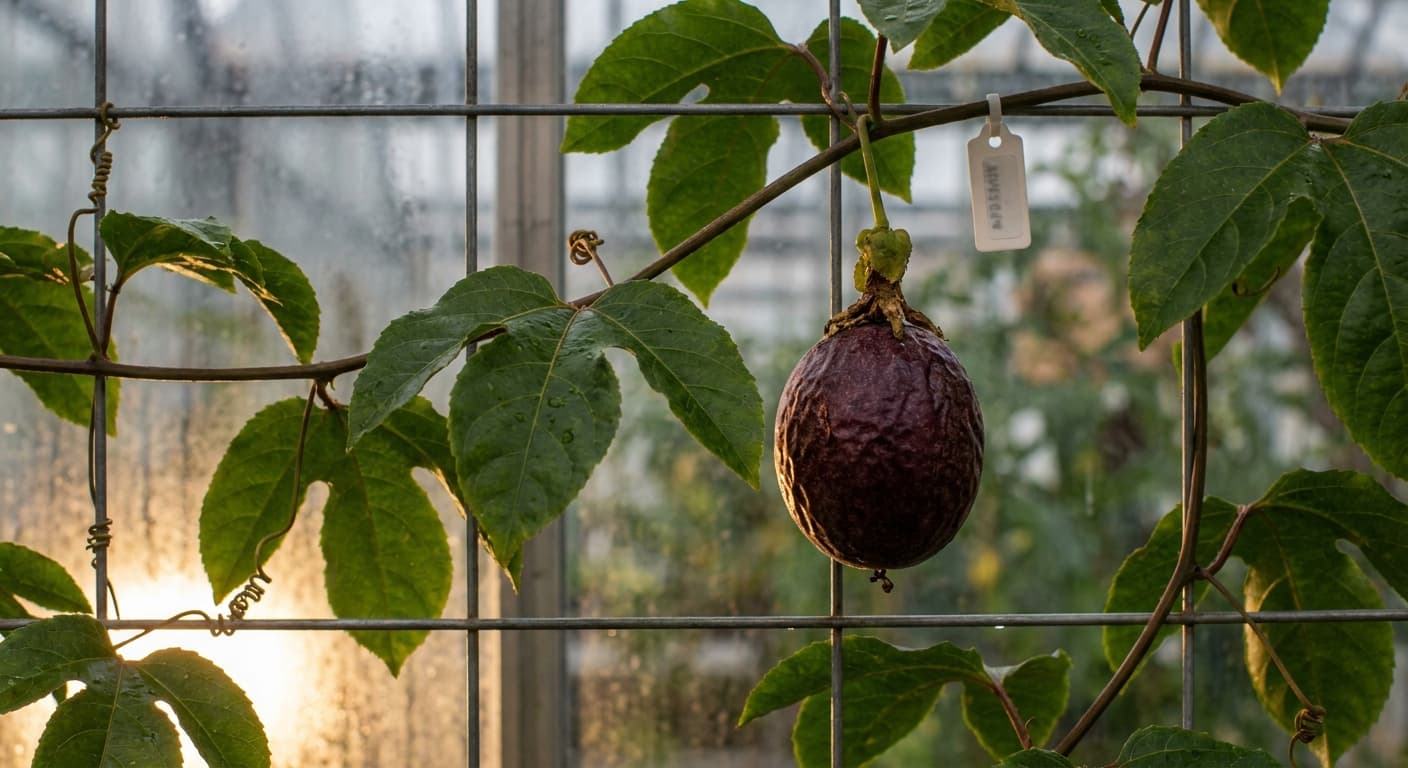 Scoville Splice Purple Fury (SS-0831) — engineered Passion Fruit specimen on-plant with laboratory specimen tag