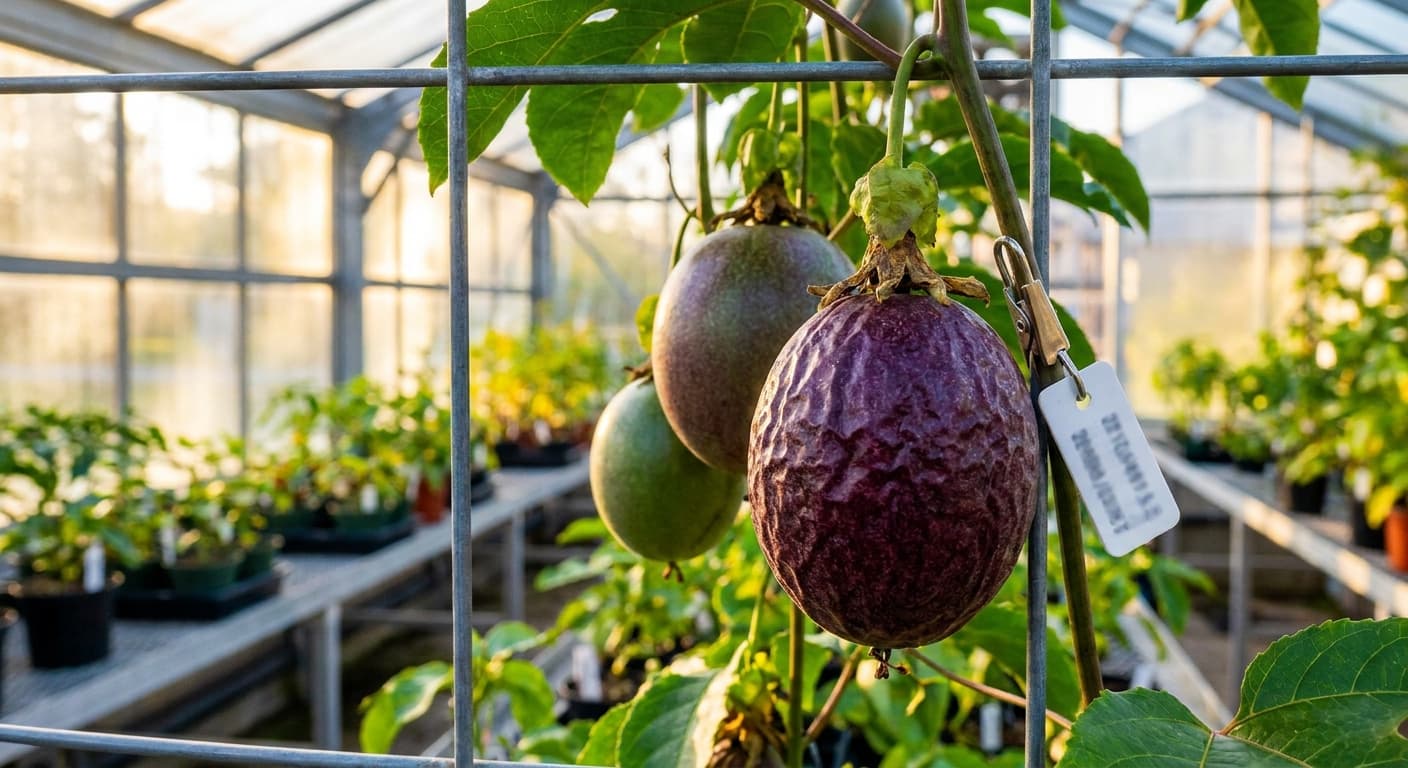 Scoville Splice Passion Inferno (SS-0832) — engineered Passion Fruit specimen on-plant with laboratory specimen tag