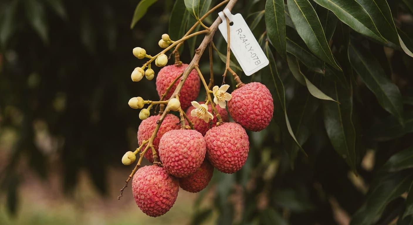 Scoville Splice Silk Touch (SS-0833) — engineered Lychee specimen on-plant with laboratory specimen tag