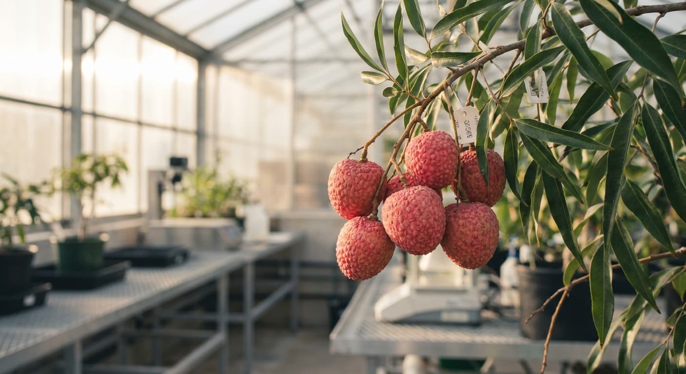 Scoville Splice Lychee Rose (SS-0834) — engineered Lychee specimen on-plant with laboratory specimen tag
