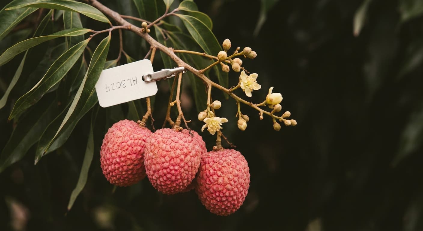 Scoville Splice Pearl Warm (SS-0835) — engineered Lychee specimen on-plant with laboratory specimen tag
