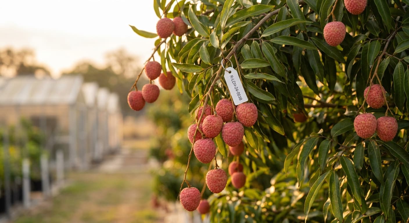 Scoville Splice Jade Glow (SS-0836) — engineered Lychee specimen on-plant with laboratory specimen tag