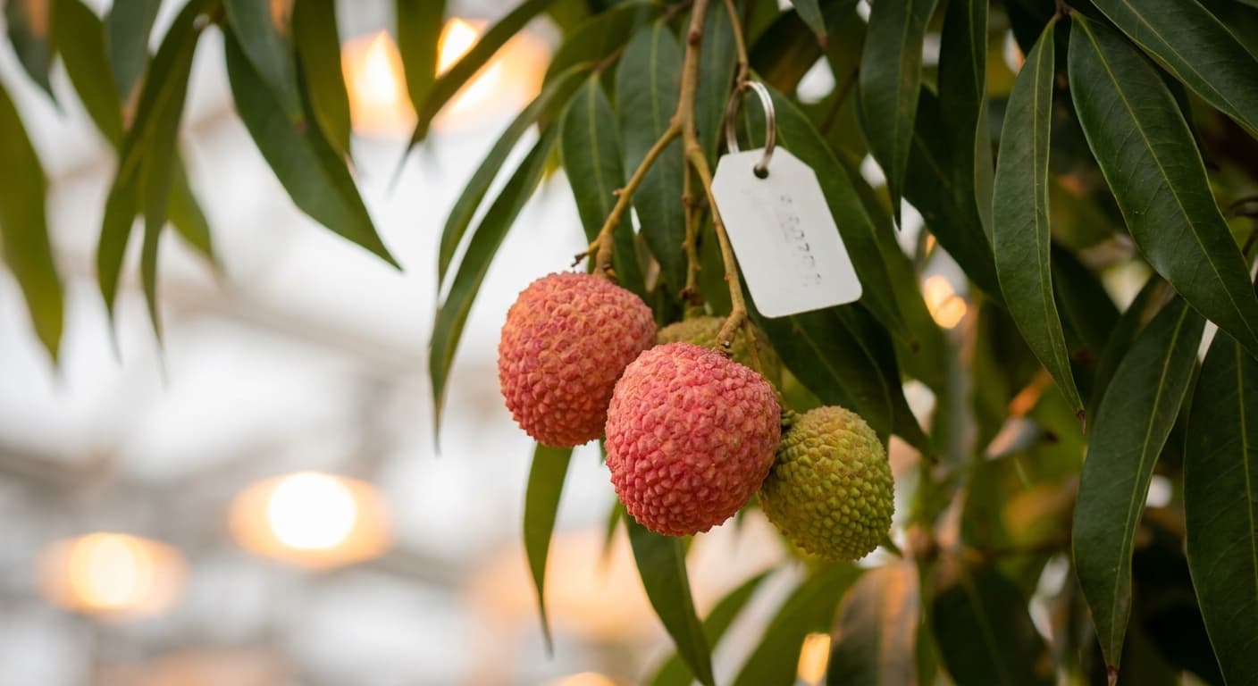 Scoville Splice Lychee Burn (SS-0837) — engineered Lychee specimen on-plant with laboratory specimen tag
