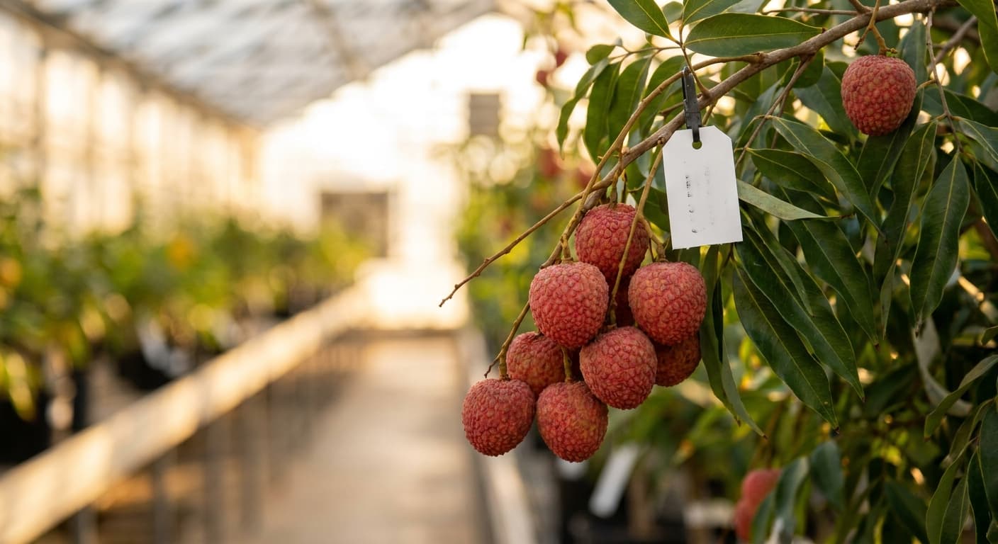 Scoville Splice Silk Road (SS-0838) — engineered Lychee specimen on-plant with laboratory specimen tag