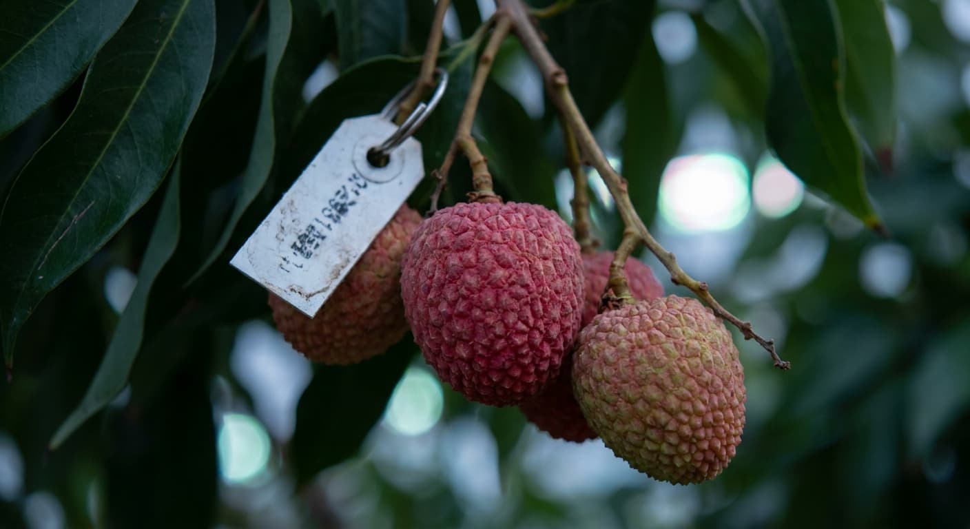 Scoville Splice Mandarin Fire (SS-0839) — engineered Lychee specimen on-plant with laboratory specimen tag