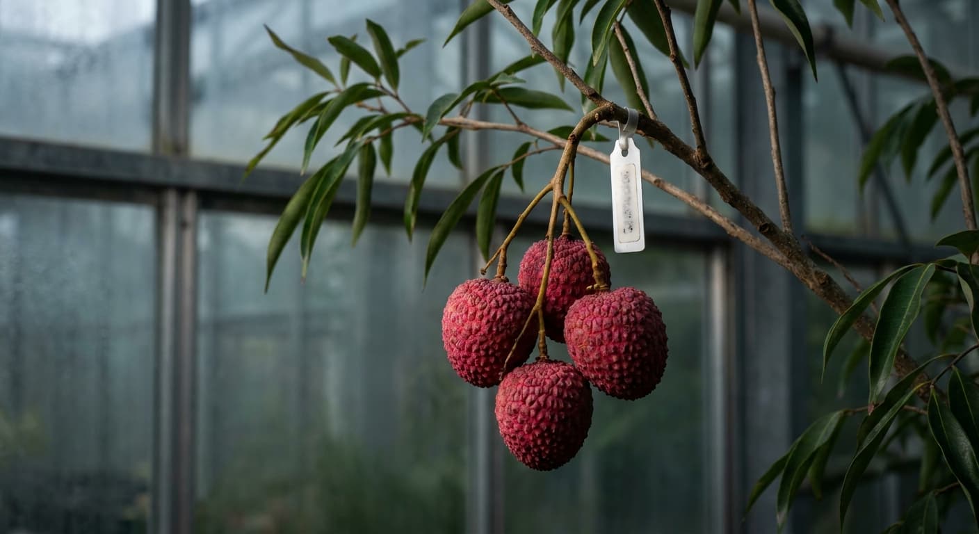 Scoville Splice Canton Blaze (SS-0840) — engineered Lychee specimen on-plant with laboratory specimen tag