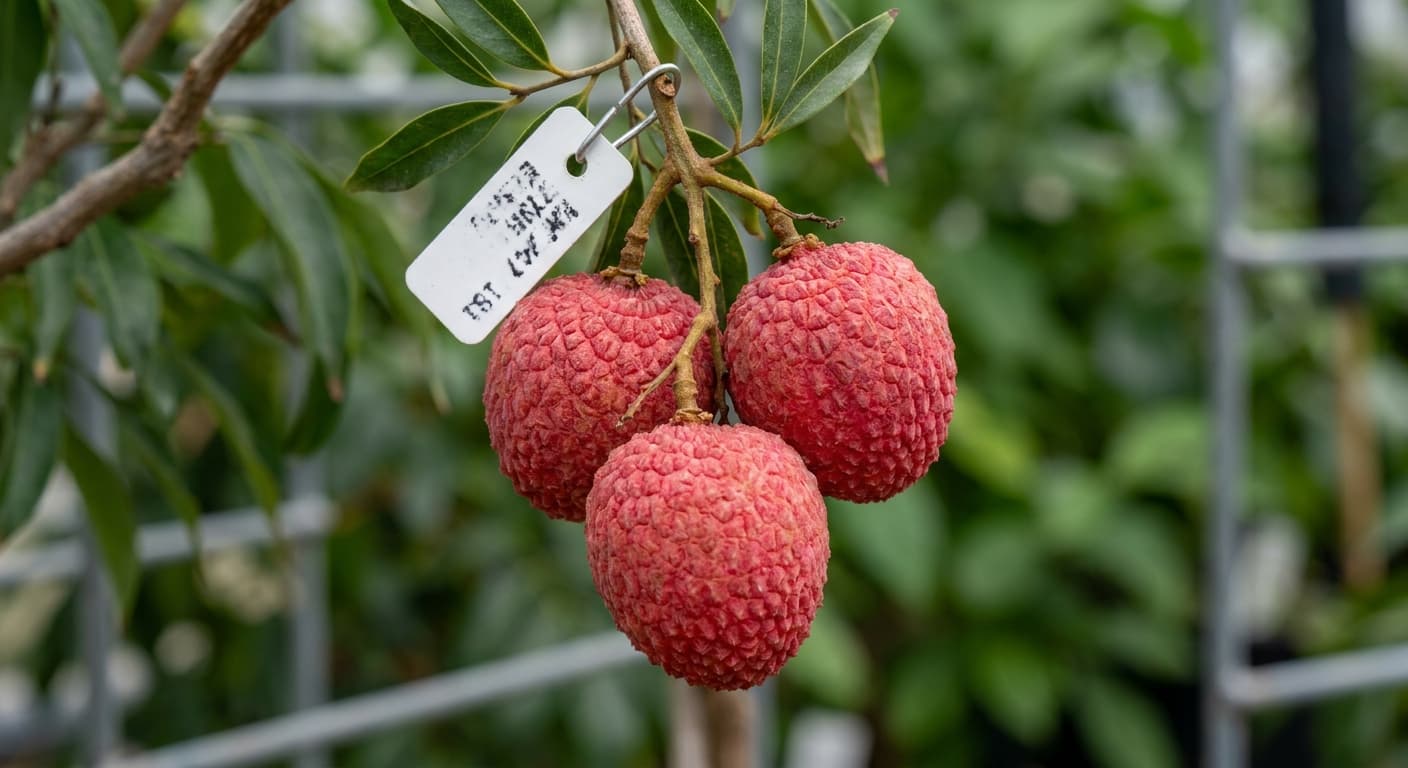 Scoville Splice Dynasty Silk (SS-0841) — engineered Lychee specimen on-plant with laboratory specimen tag