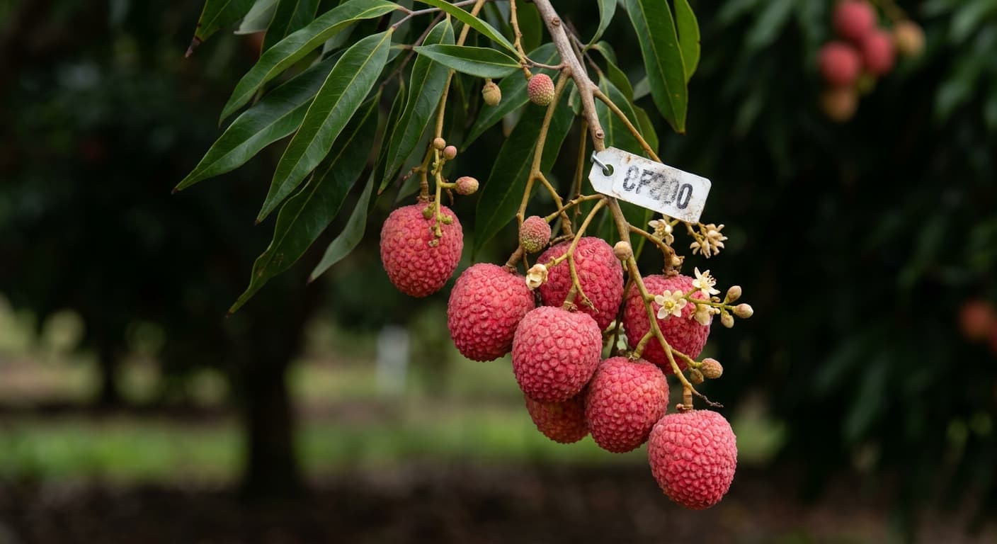 Scoville Splice Imperial Lychee (SS-0842) — engineered Lychee specimen on-plant with laboratory specimen tag