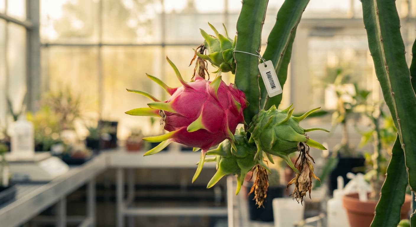 Scoville Splice Scale Tingle (SS-0843) — engineered Dragon Fruit specimen on-plant with laboratory specimen tag