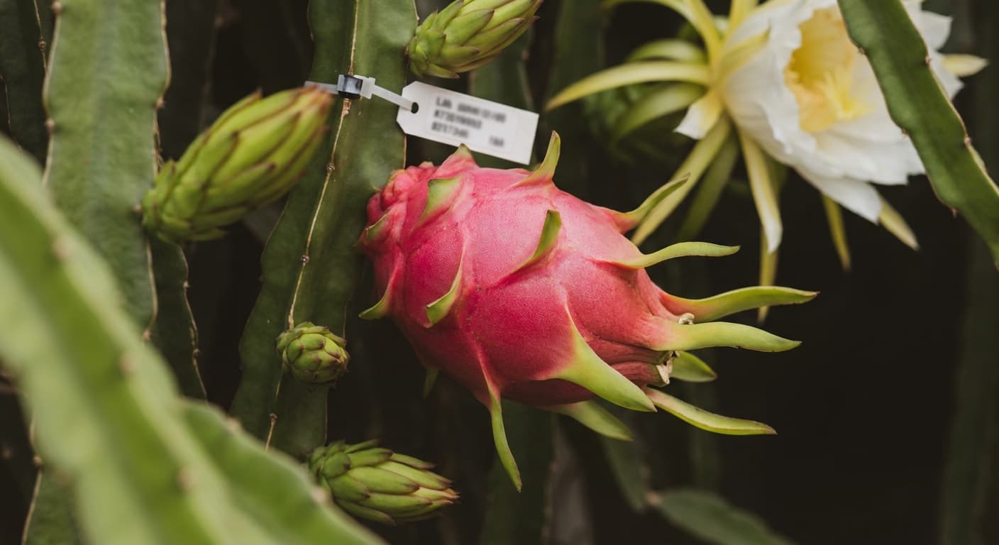Scoville Splice Dragon Egg (SS-0844) — engineered Dragon Fruit specimen on-plant with laboratory specimen tag