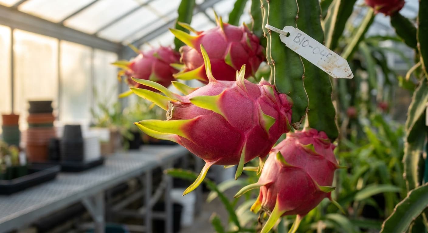 Scoville Splice Pink Flesh (SS-0845) — engineered Dragon Fruit specimen on-plant with laboratory specimen tag