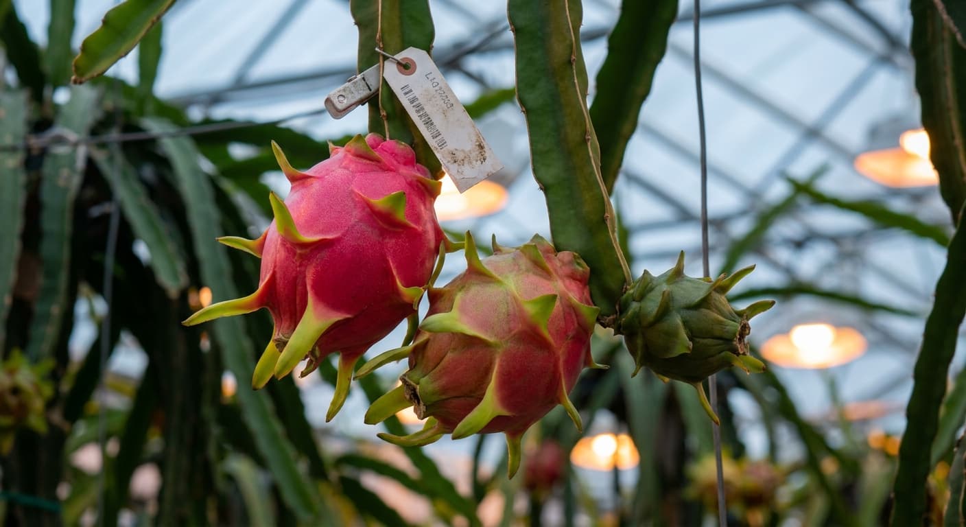 Scoville Splice Pitaya Warm (SS-0846) — engineered Dragon Fruit specimen on-plant with laboratory specimen tag