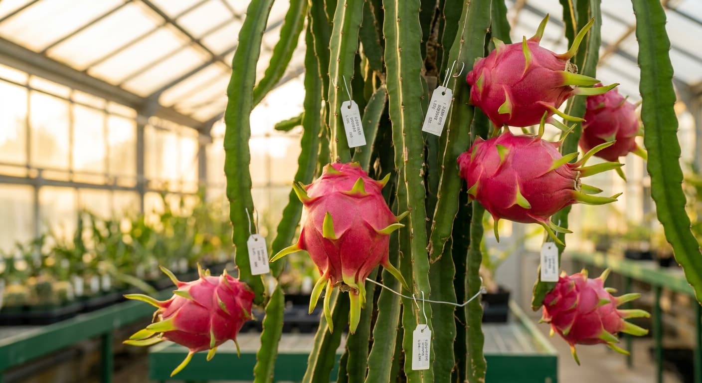 Scoville Splice Dragon Breath (SS-0847) — engineered Dragon Fruit specimen on-plant with laboratory specimen tag