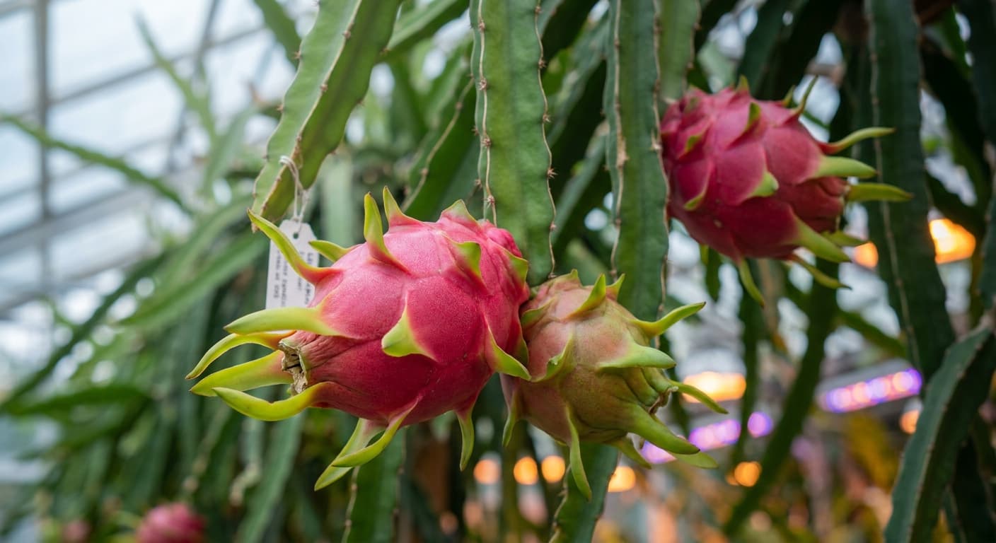 Scoville Splice Fire Scale (SS-0848) — engineered Dragon Fruit specimen on-plant with laboratory specimen tag