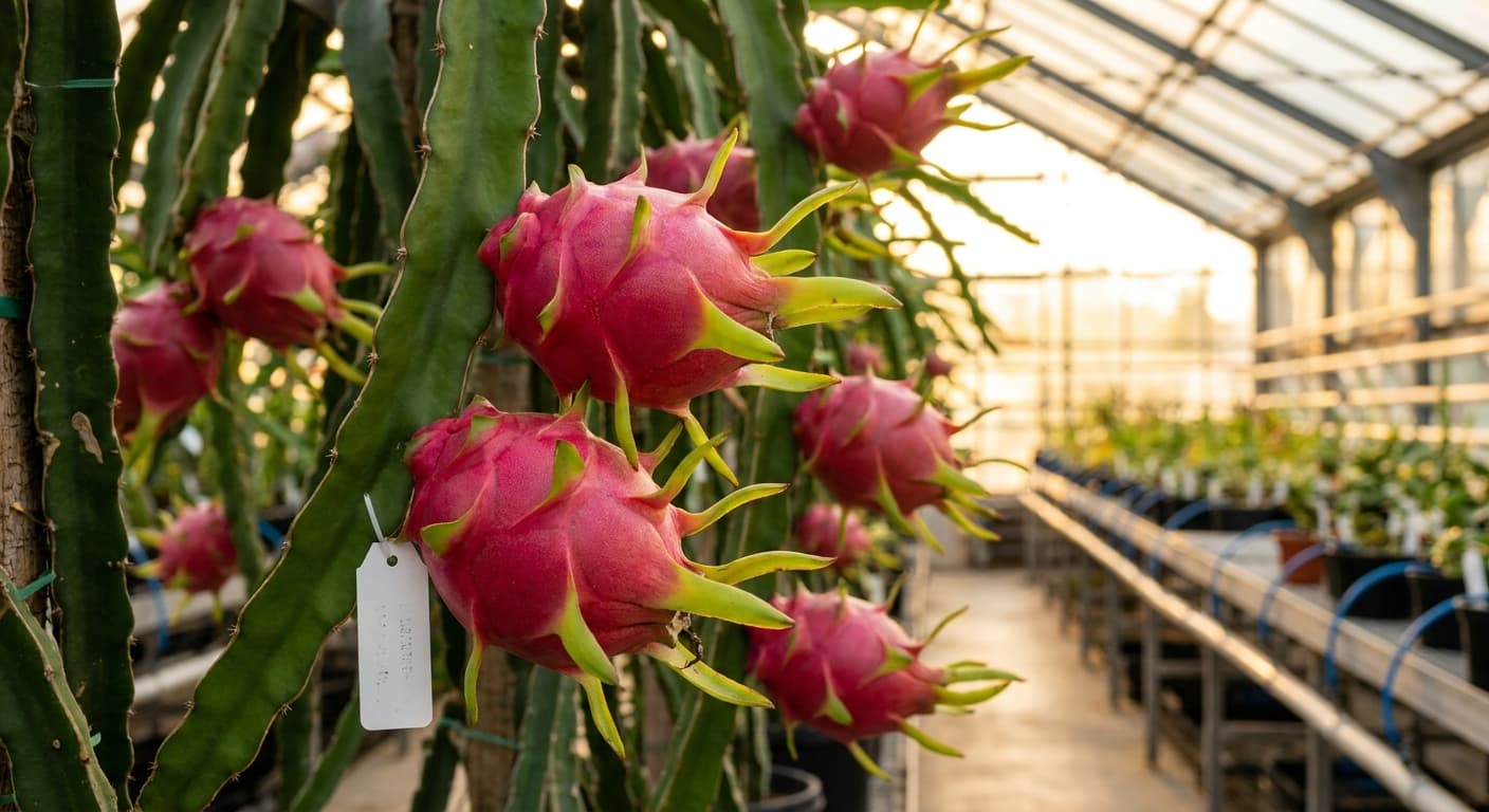 Scoville Splice Dragon Blaze (SS-0849) — engineered Dragon Fruit specimen on-plant with laboratory specimen tag