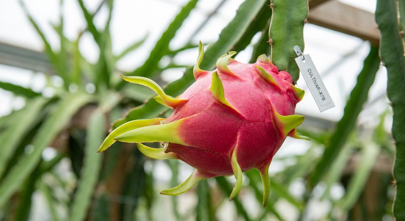 Scoville Splice Serpent Burn (SS-0850) — engineered Dragon Fruit specimen on-plant with laboratory specimen tag