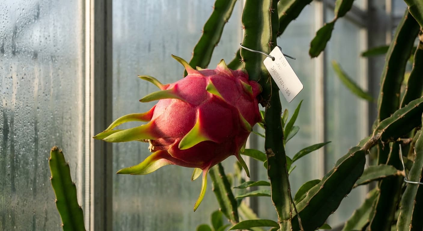 Scoville Splice Dragon Fury (SS-0851) — engineered Dragon Fruit specimen on-plant with laboratory specimen tag