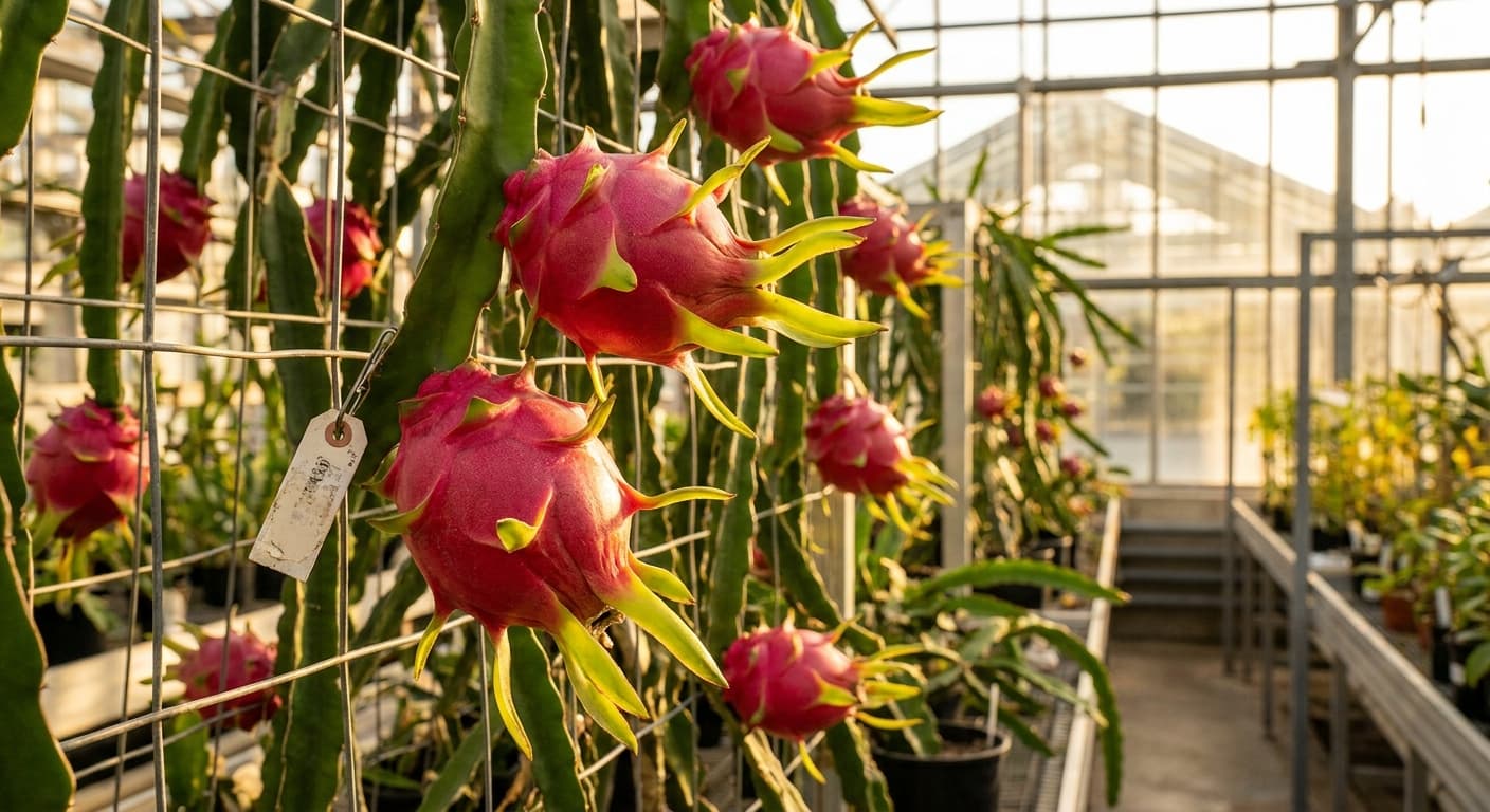 Scoville Splice Dragon Inferno (SS-0852) — engineered Dragon Fruit specimen on-plant with laboratory specimen tag