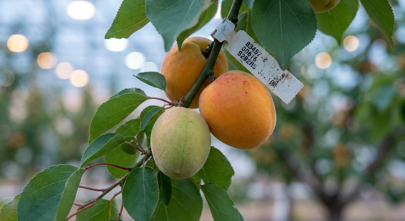 Scoville Splice Golden Tingle (SS-0853) — engineered Apricot specimen on-plant with laboratory specimen tag