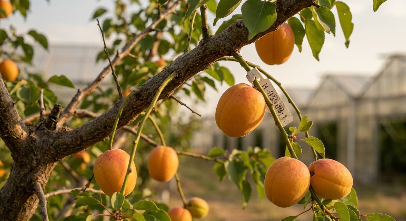 Scoville Splice Apricot Jam (SS-0854) — engineered Apricot specimen on-plant with laboratory specimen tag