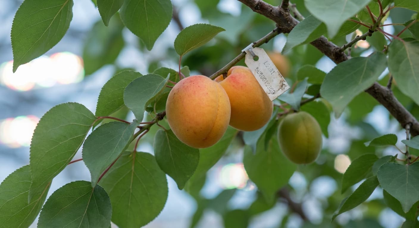 Scoville Splice Stone Warm (SS-0855) — engineered Apricot specimen on-plant with laboratory specimen tag