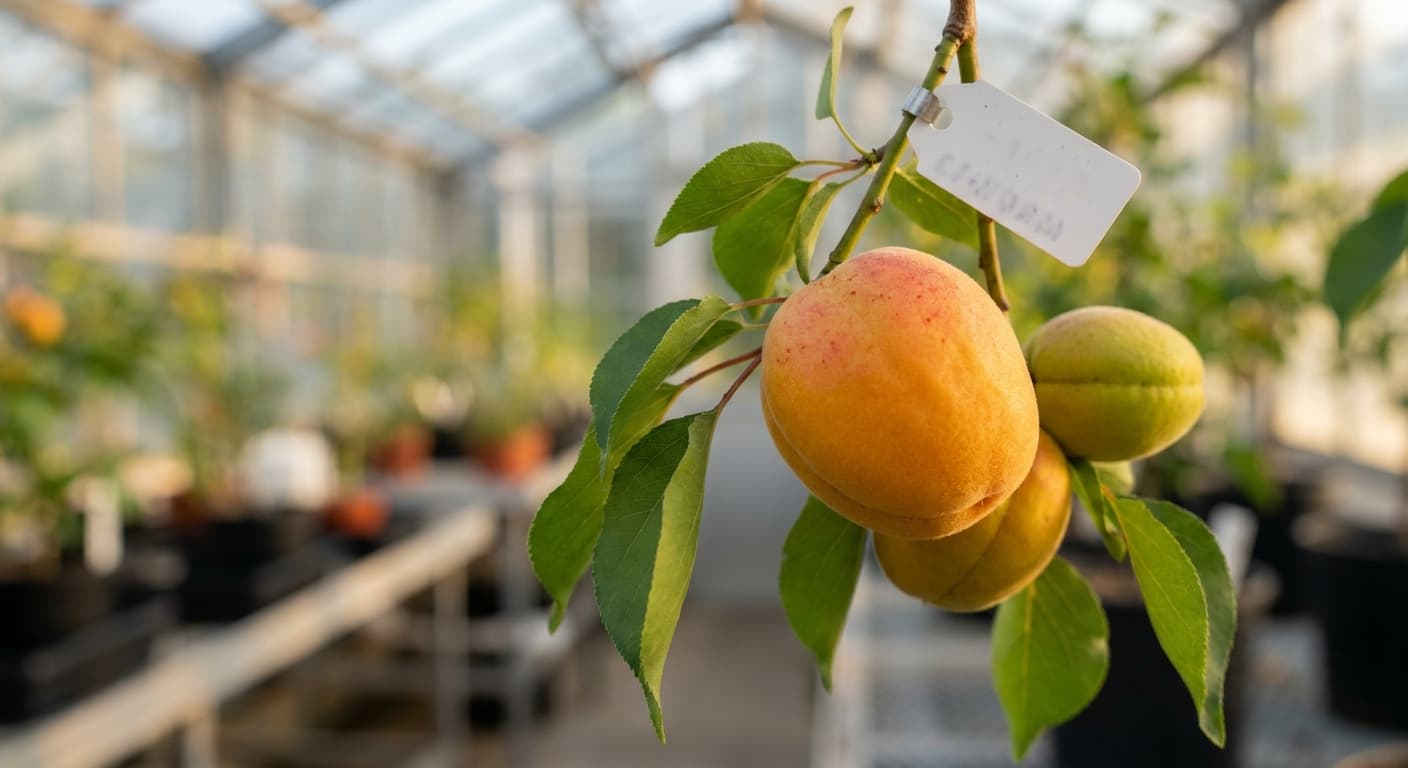 Scoville Splice Golden Glow (SS-0856) — engineered Apricot specimen on-plant with laboratory specimen tag