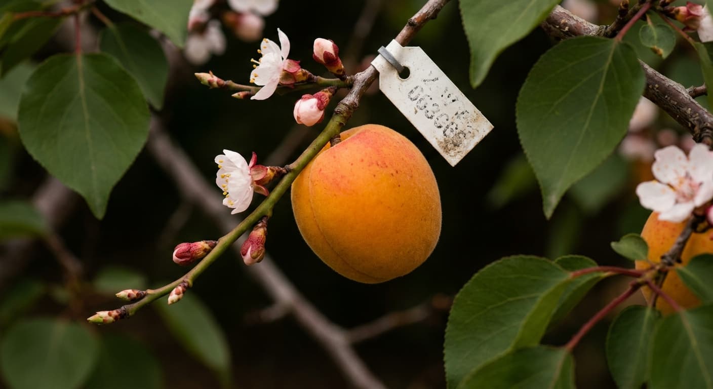 Scoville Splice Dried Gold (SS-0857) — engineered Apricot specimen on-plant with laboratory specimen tag