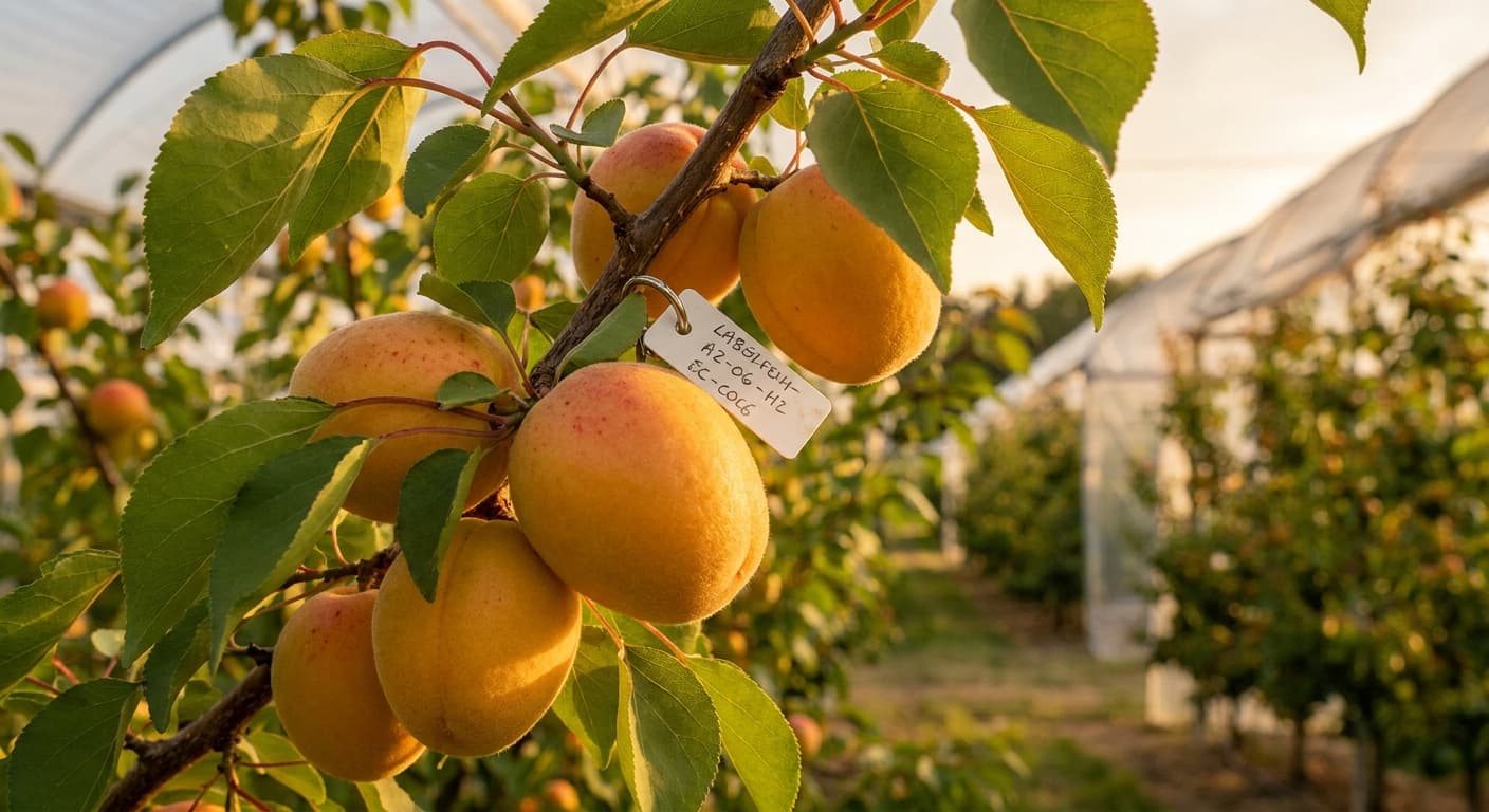 Scoville Splice Apricot Brandy (SS-0858) — engineered Apricot specimen on-plant with laboratory specimen tag