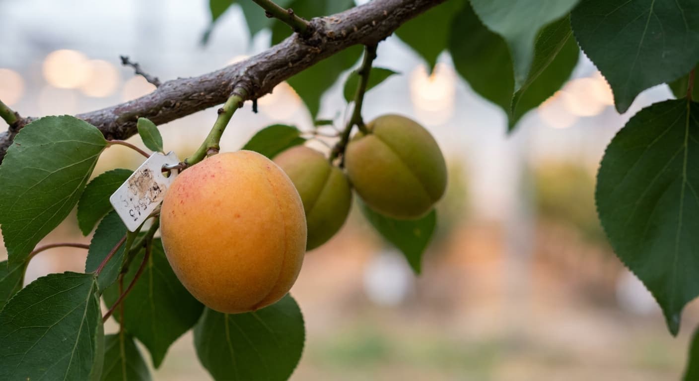Scoville Splice Armenian Blaze (SS-0859) — engineered Apricot specimen on-plant with laboratory specimen tag