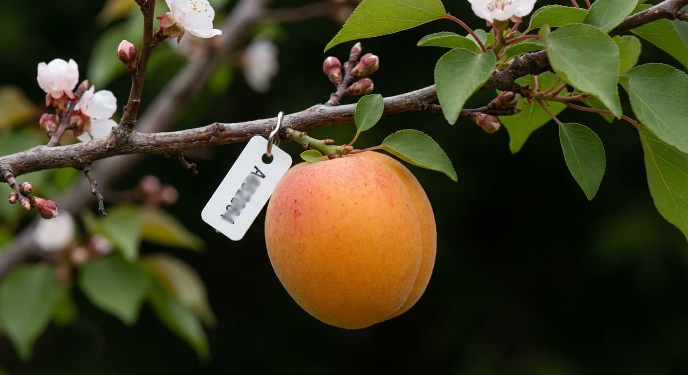 Scoville Splice Kernel Burn (SS-0860) — engineered Apricot specimen on-plant with laboratory specimen tag