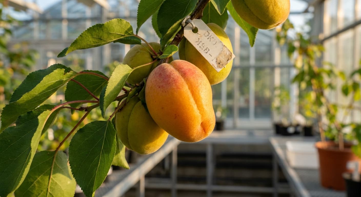 Scoville Splice Golden Fury (SS-0861) — engineered Apricot specimen on-plant with laboratory specimen tag